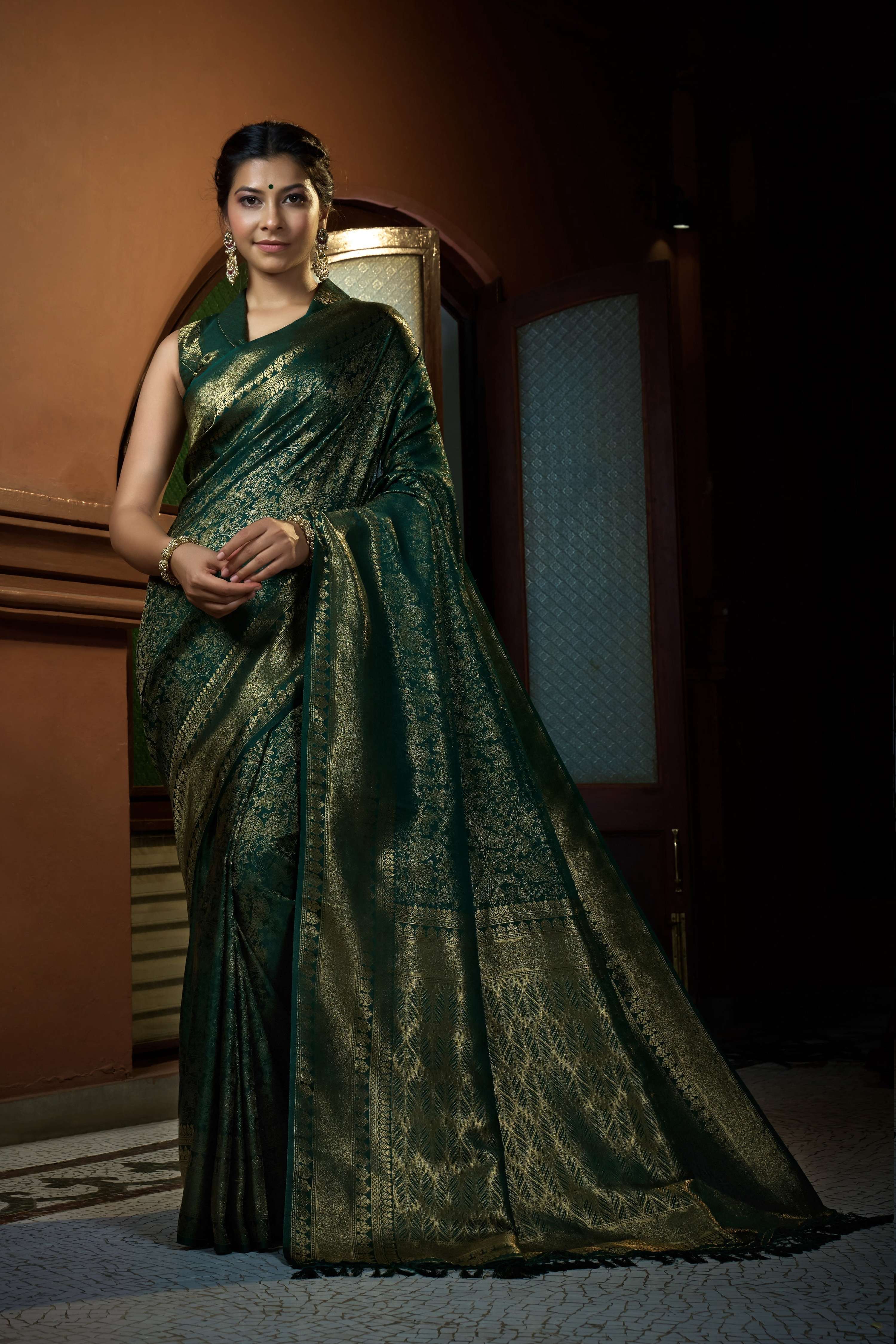 Vardha Brunswick Green Golden Zari Kanjeevaram Silk Saree | Grocsy