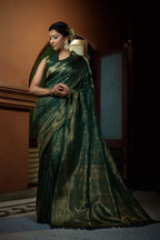 Vardha Brunswick Green Golden Zari Kanjeevaram Silk Saree | Grocsy