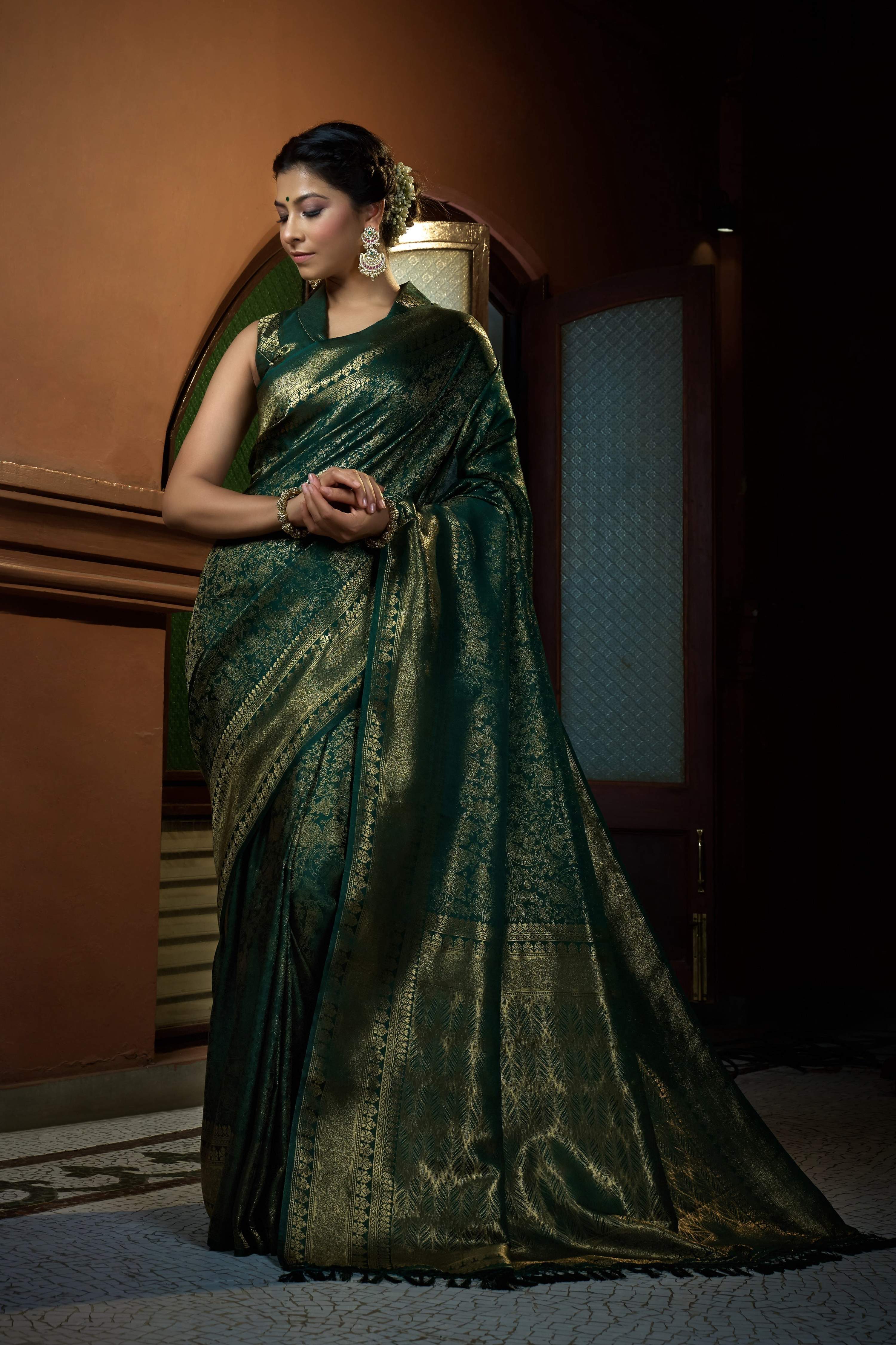 Vardha Brunswick Green Golden Zari Kanjeevaram Silk Saree | Grocsy