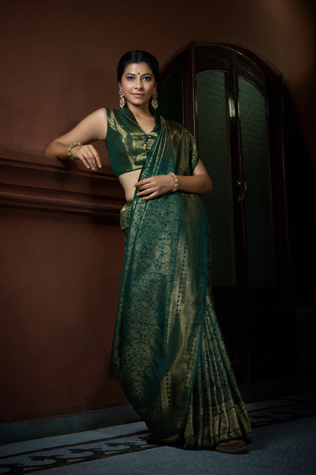 Vardha Brunswick Green Golden Zari Kanjeevaram Silk Saree | Grocsy