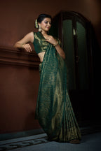 Vardha Brunswick Green Golden Zari Kanjeevaram Silk Saree | Grocsy