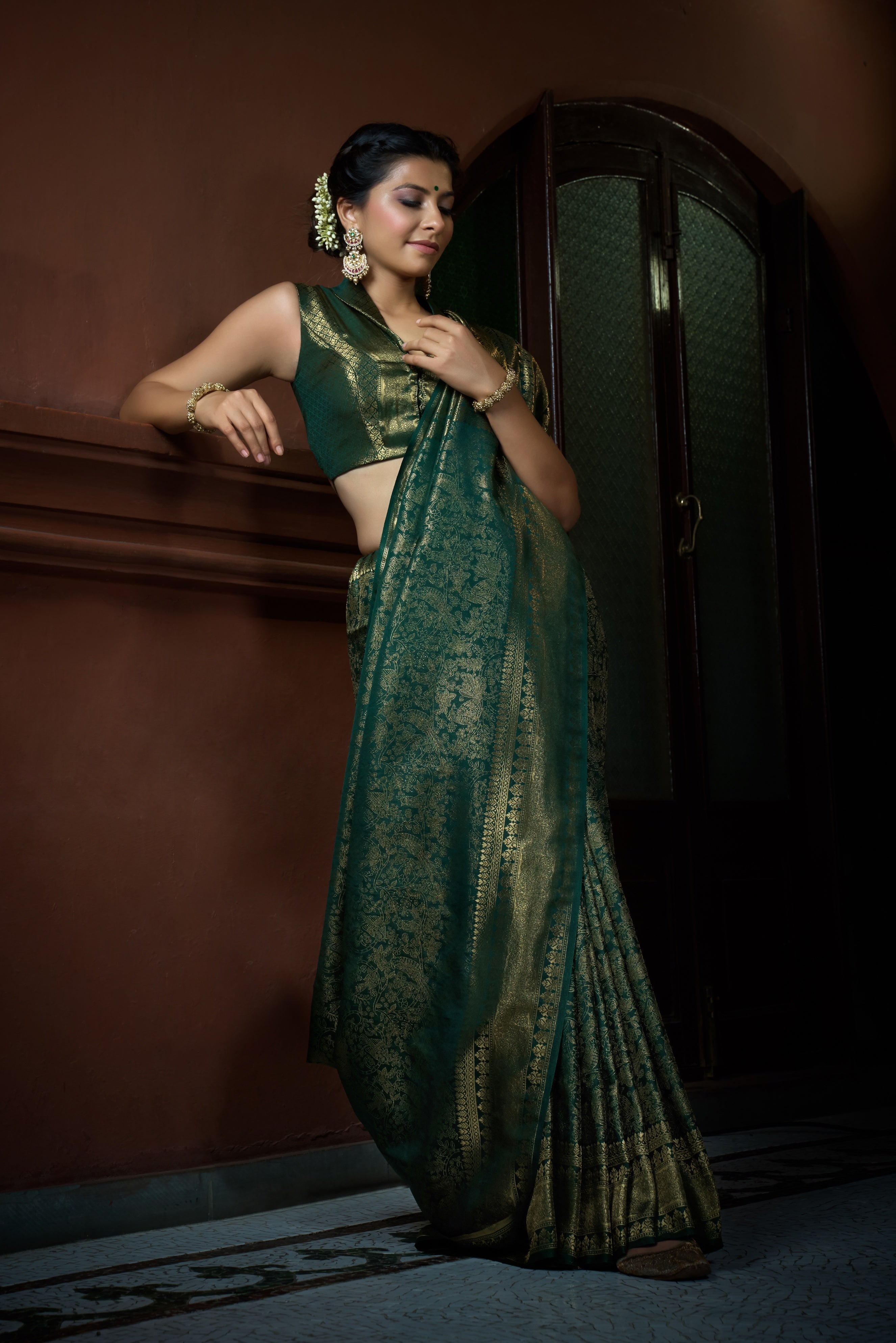 Vardha Brunswick Green Golden Zari Kanjeevaram Silk Saree | Grocsy