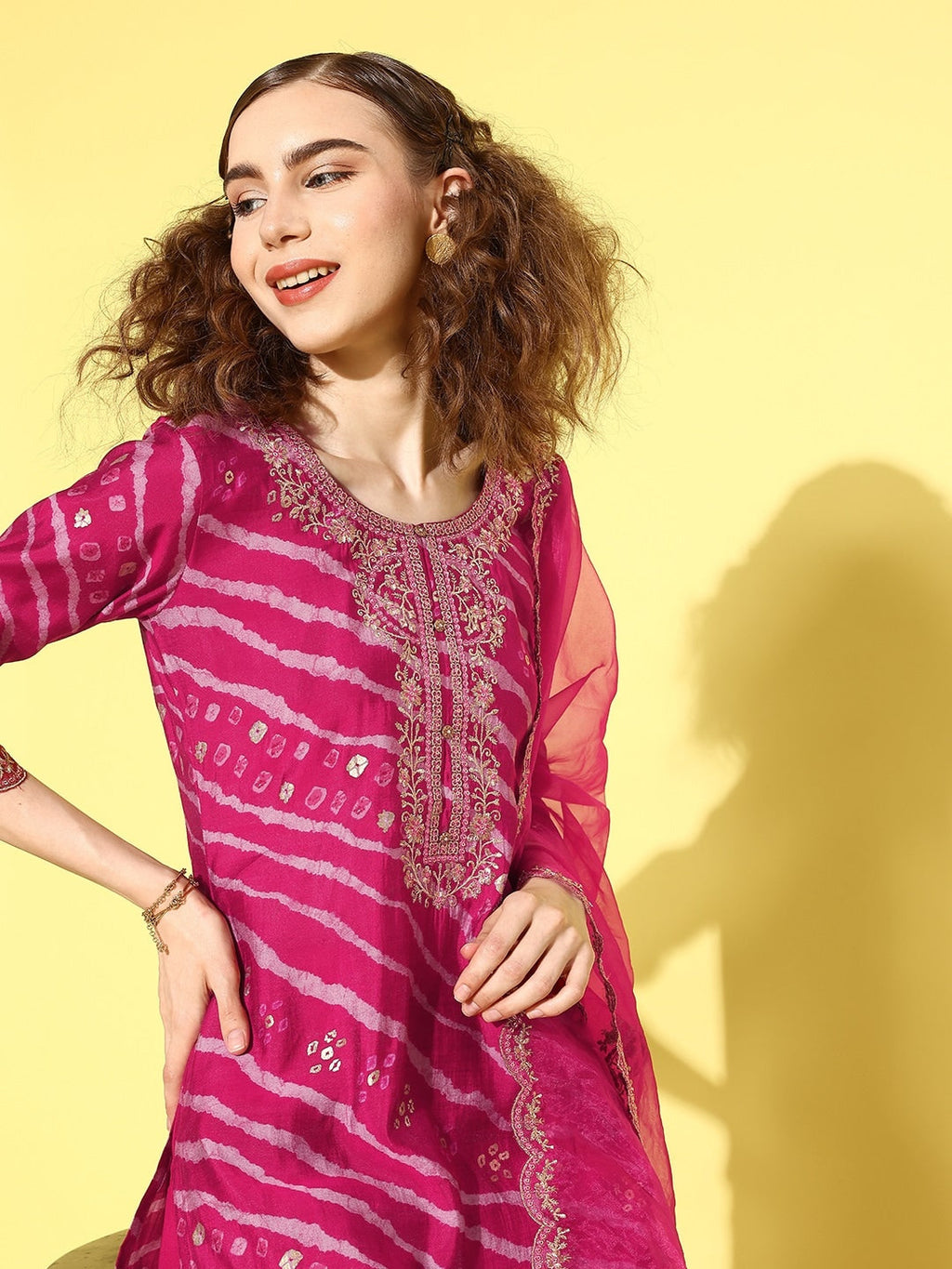Sangria Women Leheriya Printed Regular Thread Work Kurta with Trousers & With Dupatta | Grocsy