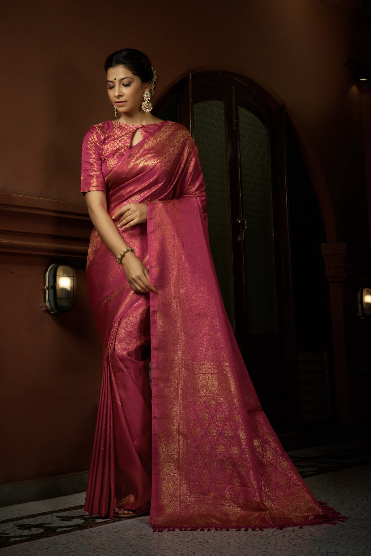 Vardha Deep Pink Golden Zari Kanjeevaram Silk Saree | Grocsy