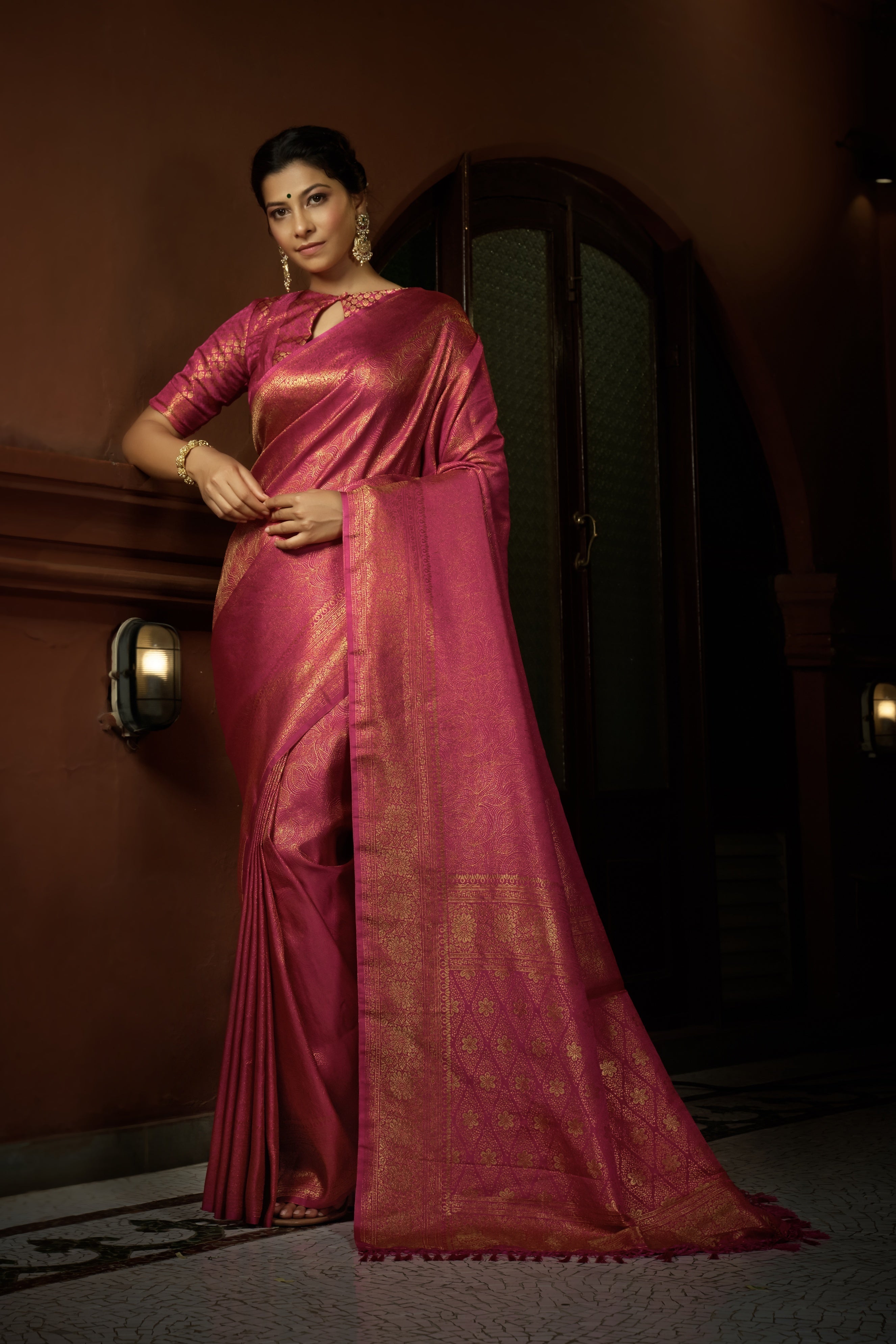 Vardha Deep Pink Golden Zari Kanjeevaram Silk Saree | Grocsy