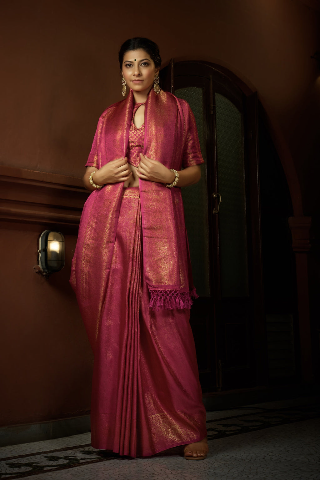 Vardha Deep Pink Golden Zari Kanjeevaram Silk Saree | Grocsy