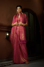 Vardha Deep Pink Golden Zari Kanjeevaram Silk Saree | Grocsy