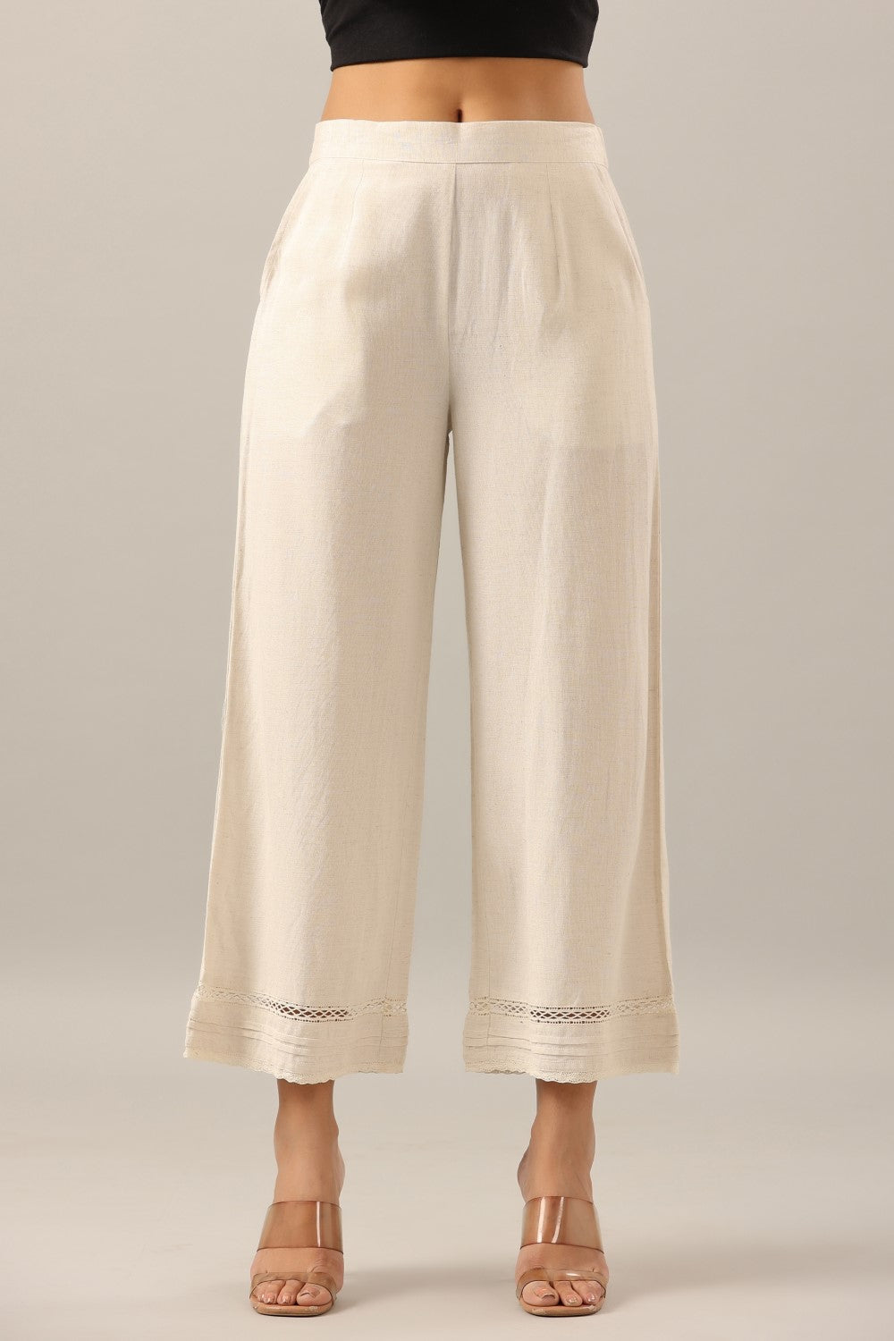 Juniper Women Off-White Rayon Flax Solid Palazzo | Grocsy