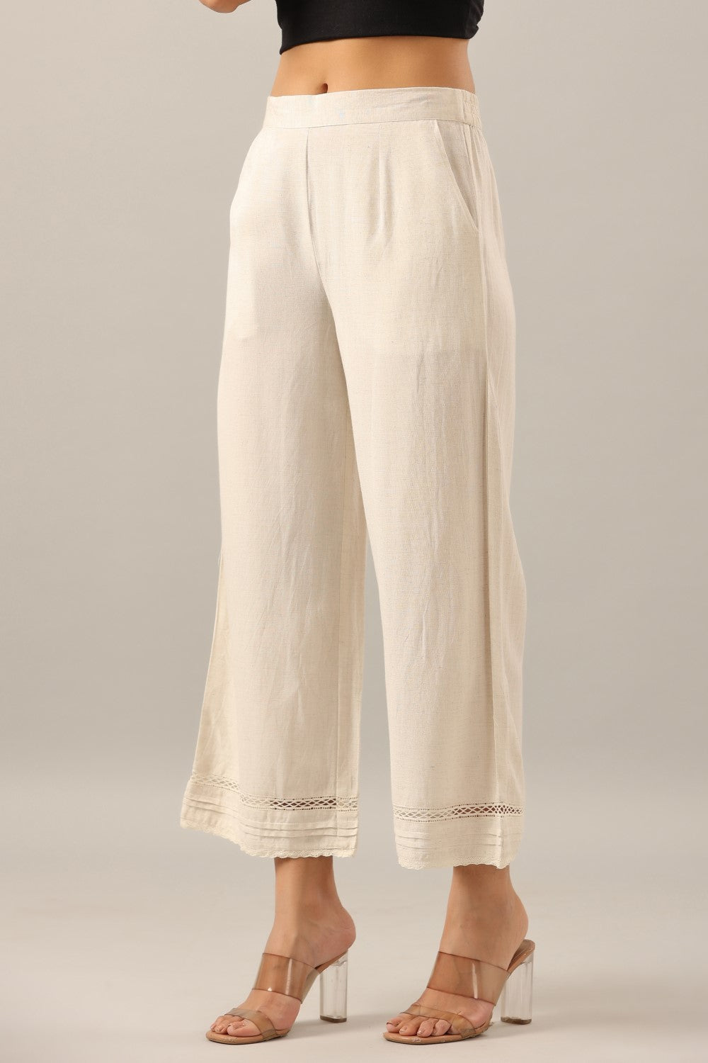Juniper Women Off-White Rayon Flax Solid Palazzo | Grocsy