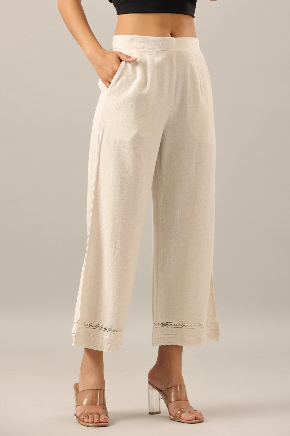 Juniper Women Off-White Rayon Flax Solid Palazzo | Grocsy