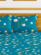 BIANCA Blue & Green Floral Printed 152 TC Cotton 110 GSM Micro-Peached King Bedsheet With 2 Pillow Cover | Grocsy
