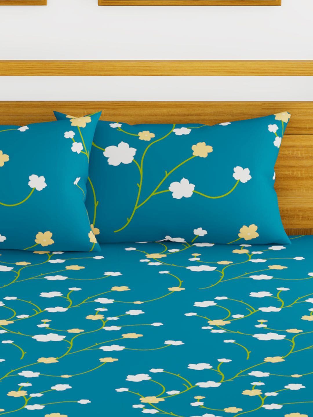 BIANCA Blue & Green Floral Printed 152 TC Cotton 110 GSM Micro-Peached King Bedsheet With 2 Pillow Cover | Grocsy