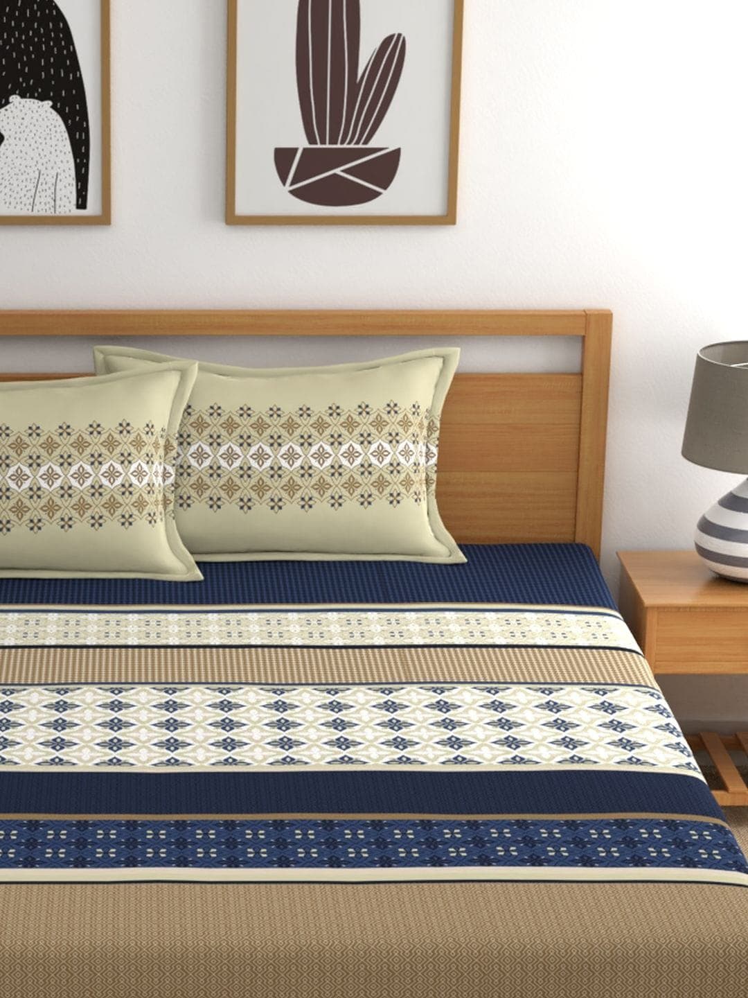 Home Ecstasy Blue & Beige Ethnic Motifs 140 TC King Bedsheet with 2 Pillow Covers | Grocsy