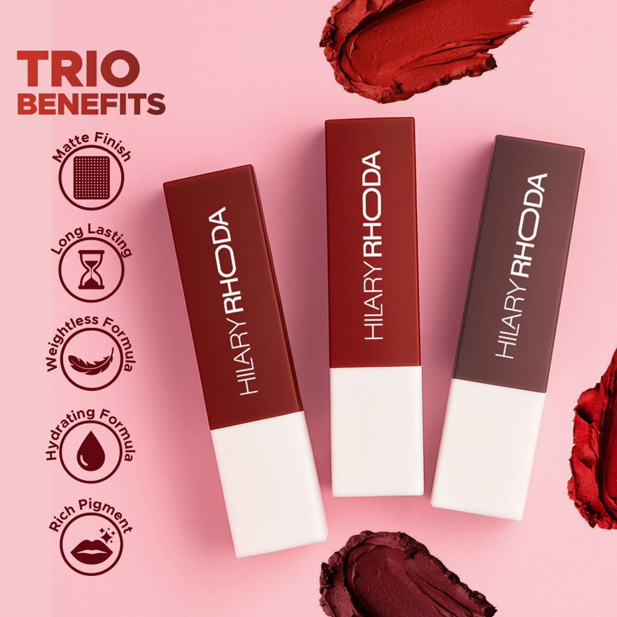 Hilary Rhoda Matte Lipstick Pack Of 3 - Red-Volution Trio 01 | Grocsy