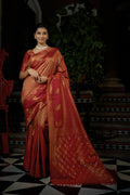 Vardha Candy Apple Red Copper-Silver Zari Kanjeevaram Silk Saree | Grocsy