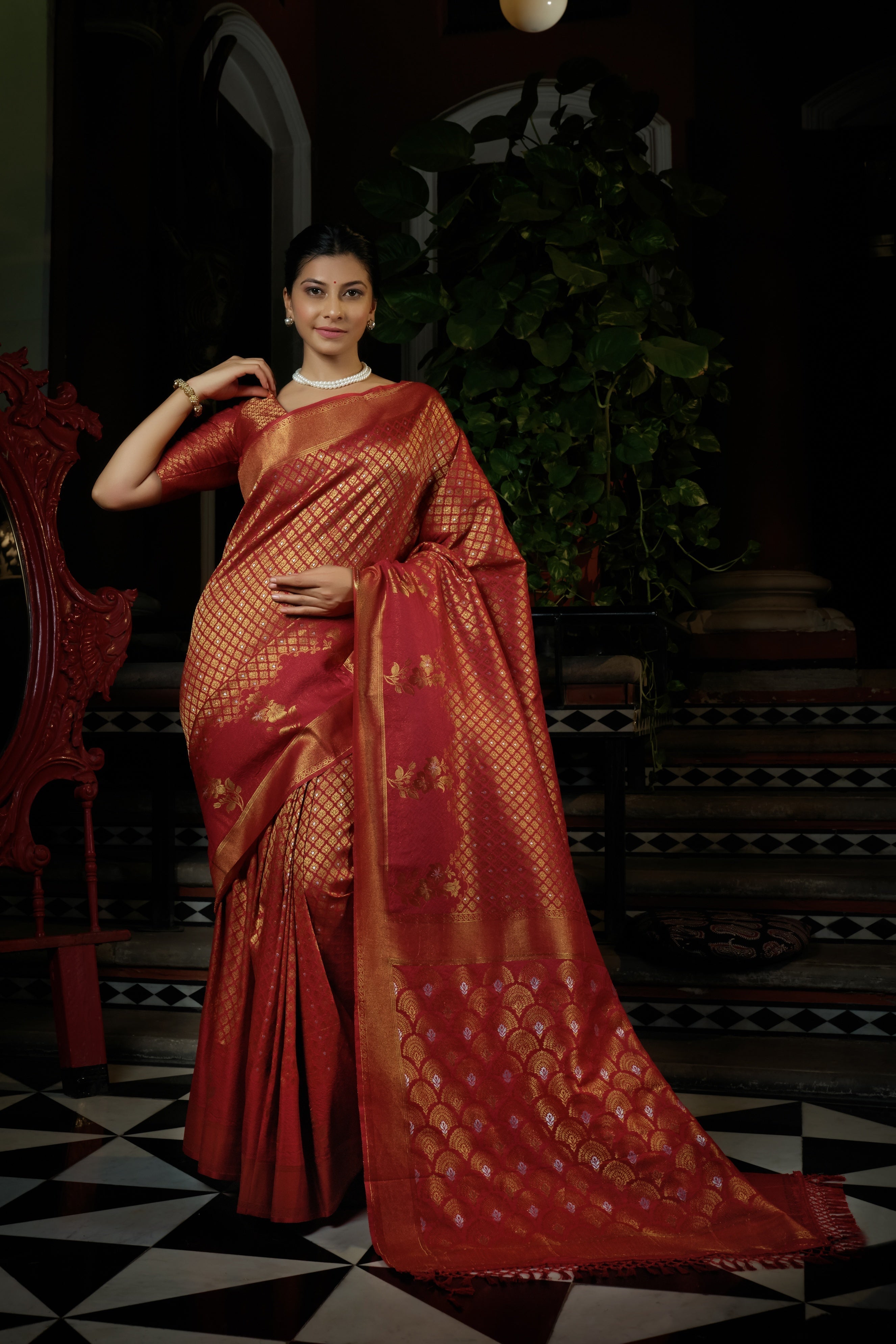 Vardha Candy Apple Red Copper-Silver Zari Kanjeevaram Silk Saree | Grocsy