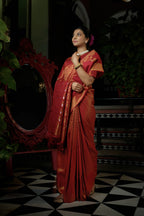 Vardha Candy Apple Red Copper-Silver Zari Kanjeevaram Silk Saree | Grocsy