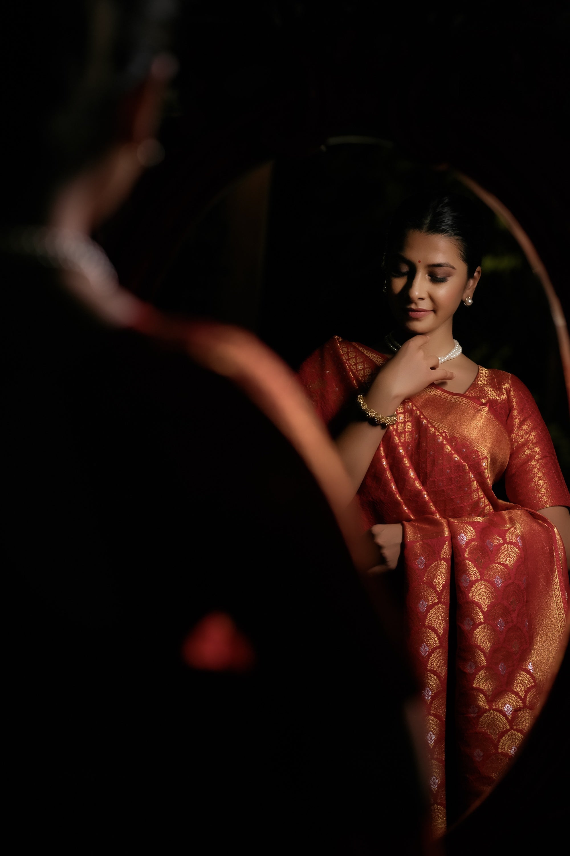 Vardha Candy Apple Red Copper-Silver Zari Kanjeevaram Silk Saree | Grocsy