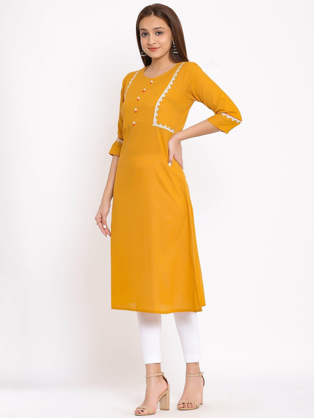 HERE&NOW Mustard Yellow & White Ethnic Motifs Embroidered Straight Kurta | Grocsy