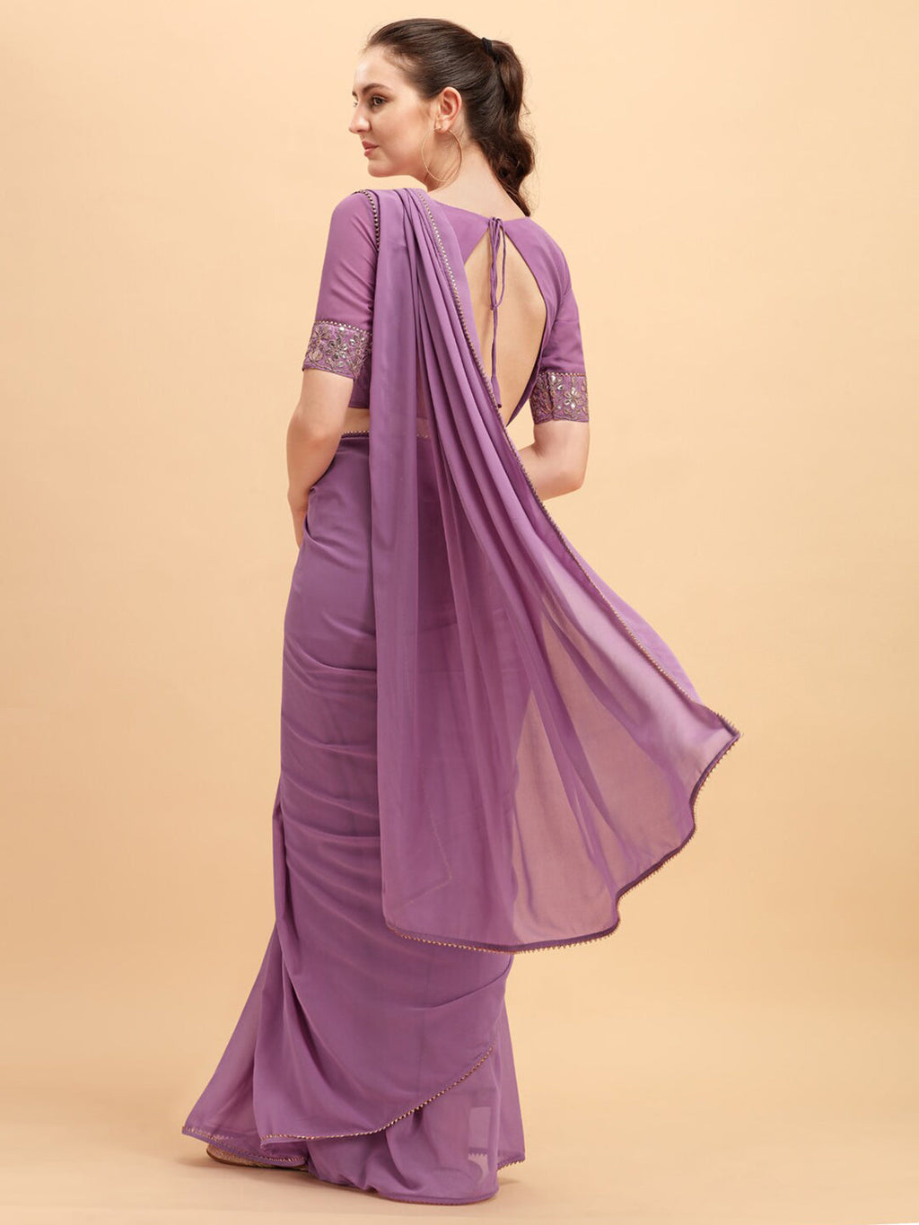 Sangria Women Purple Solid Georgette Saree with Embellished Belt | Grocsy