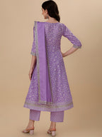 HERE&NOW Purple Floral Printed Pure Cotton A-Line Kurta & Trousers With Dupatta | Grocsy