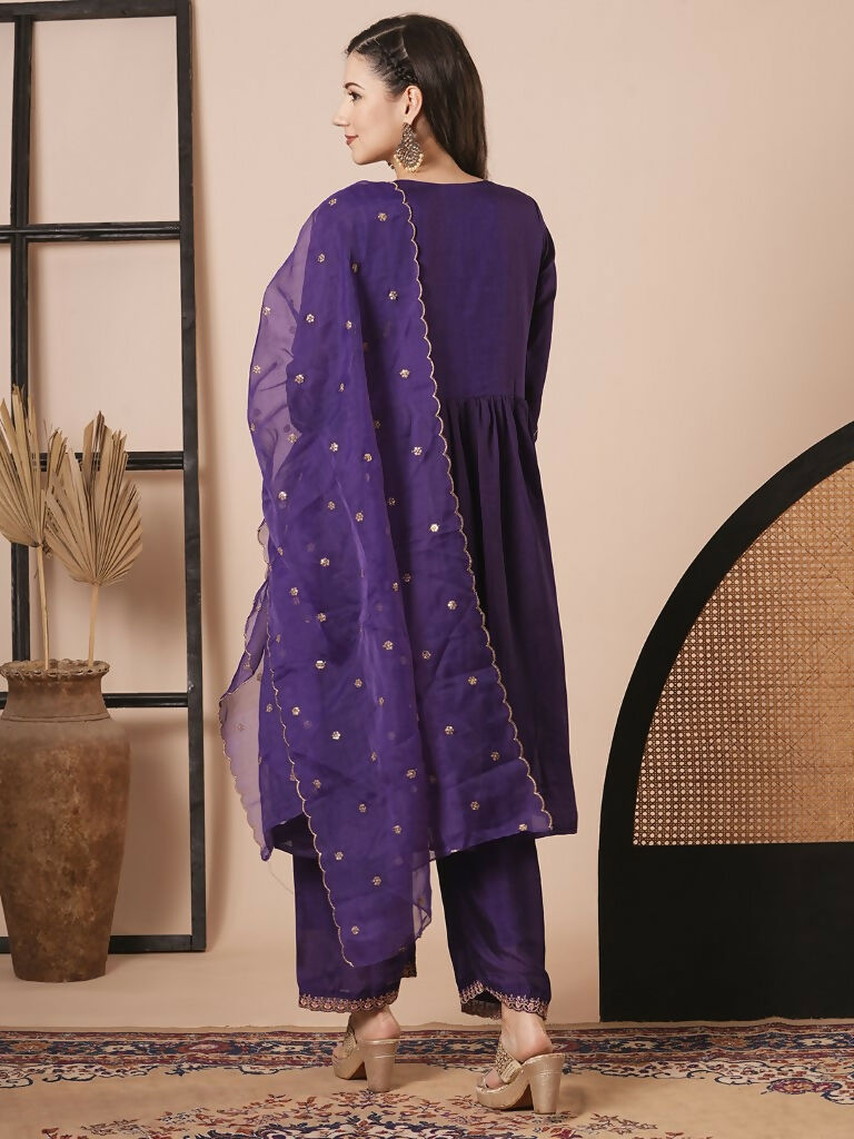 Purple Vichitra Silk Embroidery Work Kurta Set - Riya | Grocsy