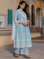 Juniper Women's Powerblue Cambric Floral Printed Anarkali Kurta Sets | Grocsy