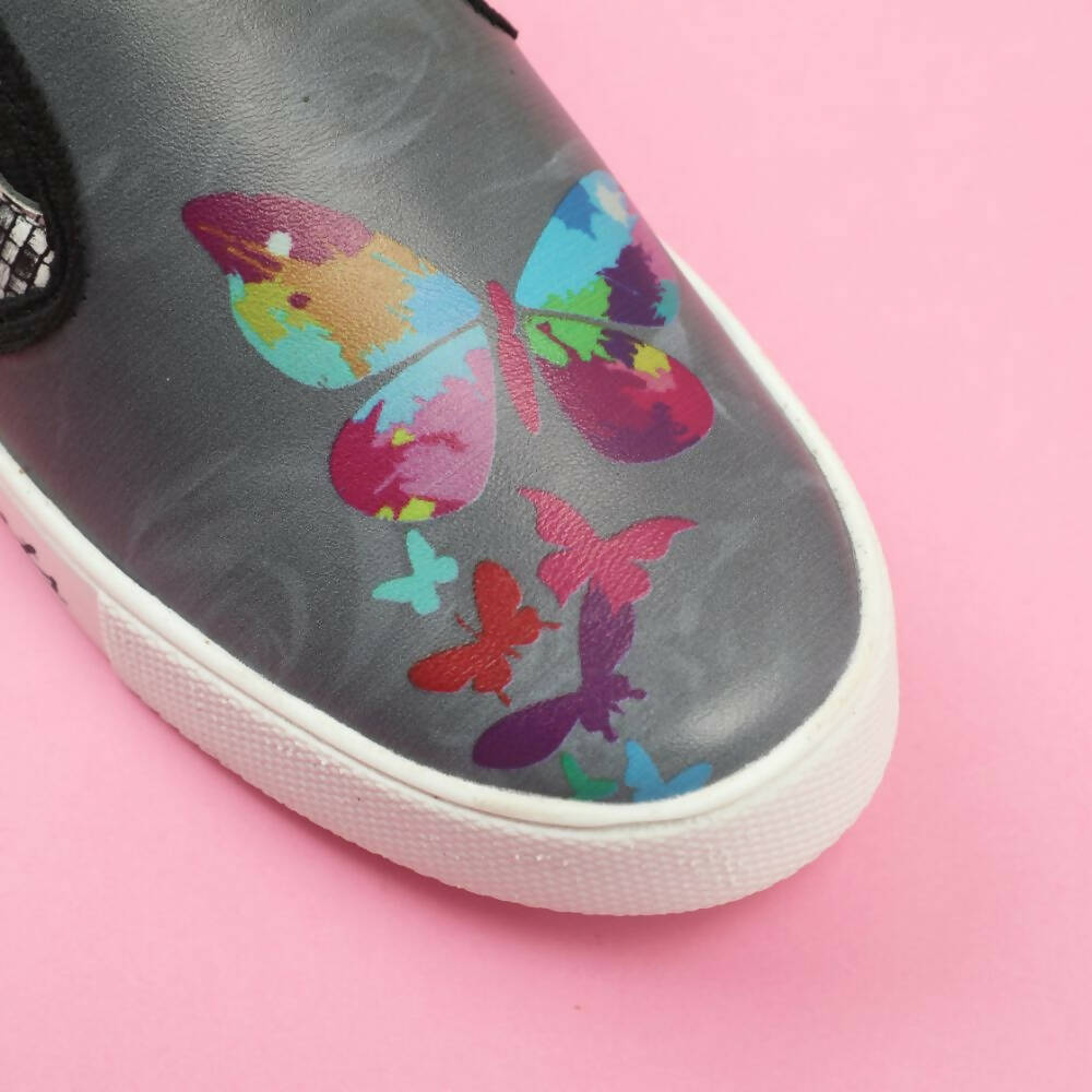 Tiny Bugs Girls Butterfly Print Slip Ons Sneakers - Dark Grey | Grocsy
