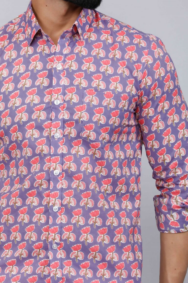 Miravan Men's Purple Floral Design Stylish Casual Cotton Shirt | Grocsy