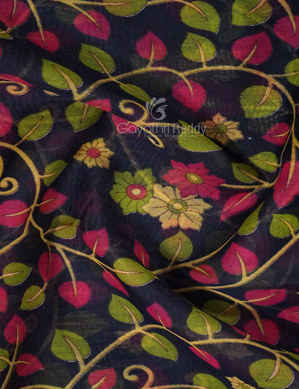 Shades of Navy Blue Colour Kalamkari Design Semi Chanderi Saree By Gayathri Reddy Designer Studio | Grocsy