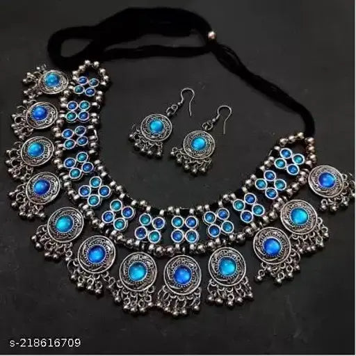 Tehzeeb Creations Women's Silver Colour Oxidised Necklace Set With Meenakari Work - Swadesiicart