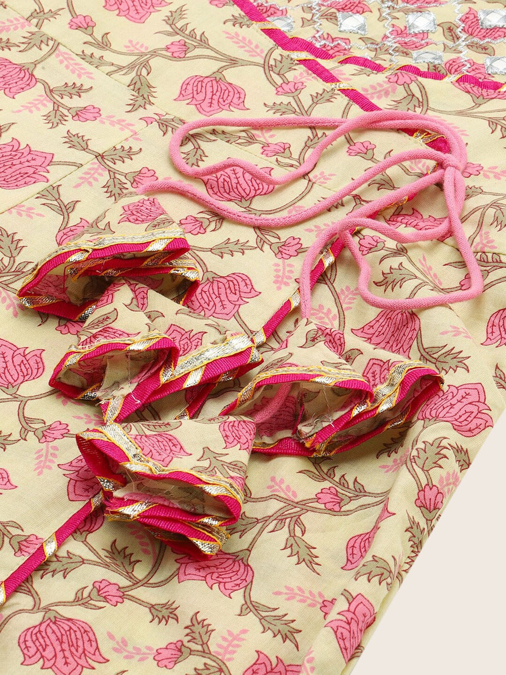 HERE&NOW Women Pink Floral Printed Angrakha Pure Cotton Kurta with Trousers & With Dupatta | Grocsy