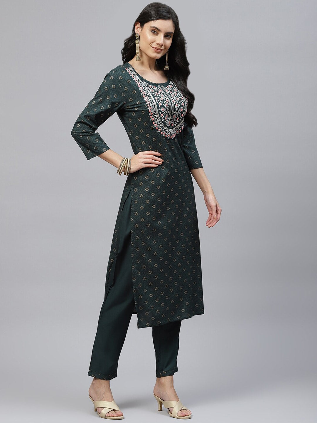 HERE&NOW Women Green Embroidered Straight Kurta with Trousers & With Dupatta | Grocsy