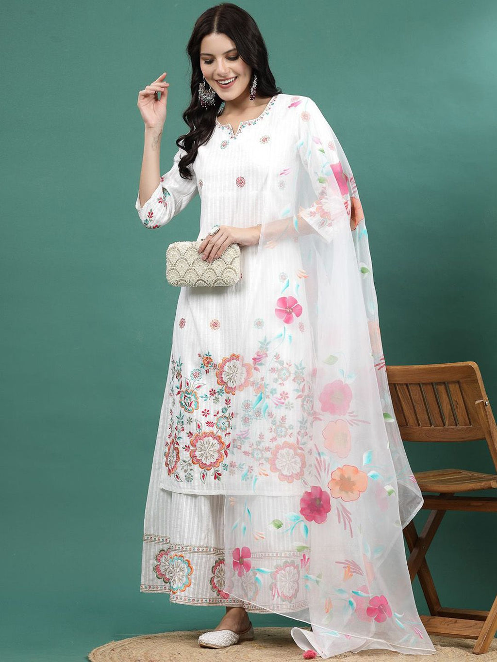 Sangria Embroidered Notch Neck Straight Kurta With Palazzo & Dupatta Set | Grocsy