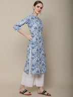 Sangria Women Blue & White Cotton Floral Printed Kurta | Grocsy