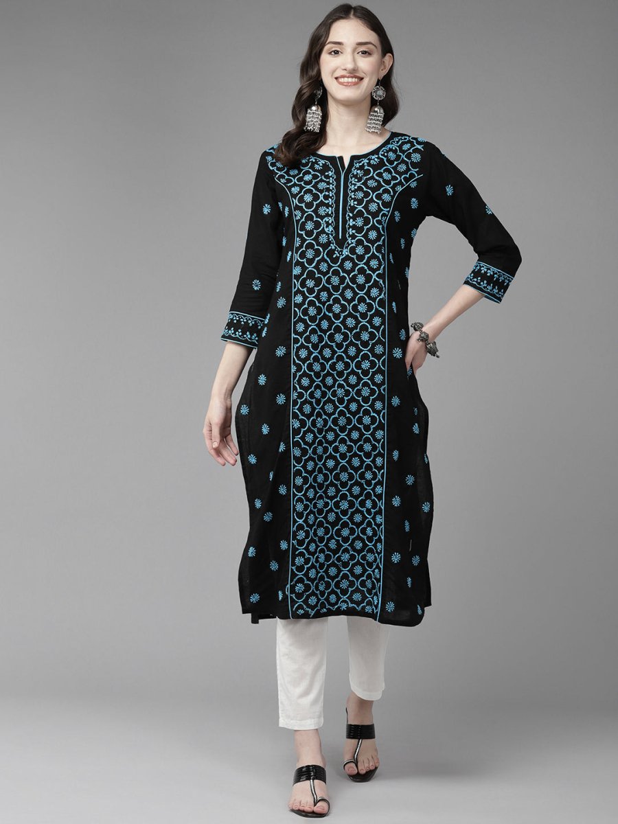 ADA Women Floral Embroidered Cotton Chikankari Kurta | Grocsy
