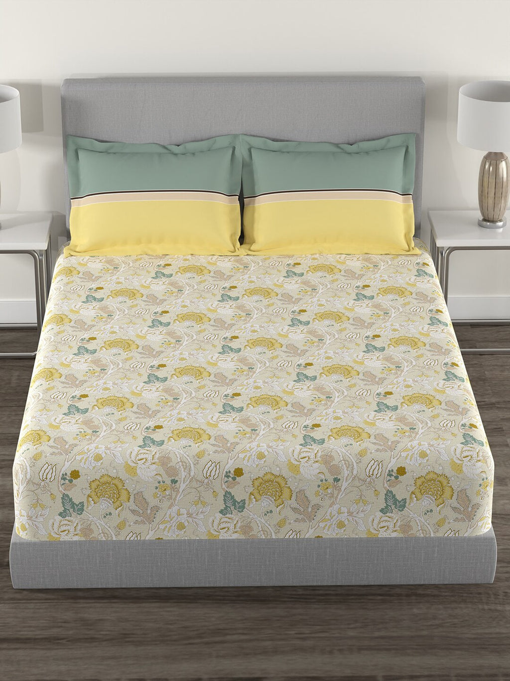 MYTRIDENT Yellow White Floral Cotton 144 TC Queen Bedsheet With 2 Pillow Covers | Grocsy