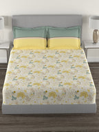MYTRIDENT Yellow White Floral Cotton 144 TC Queen Bedsheet With 2 Pillow Covers | Grocsy