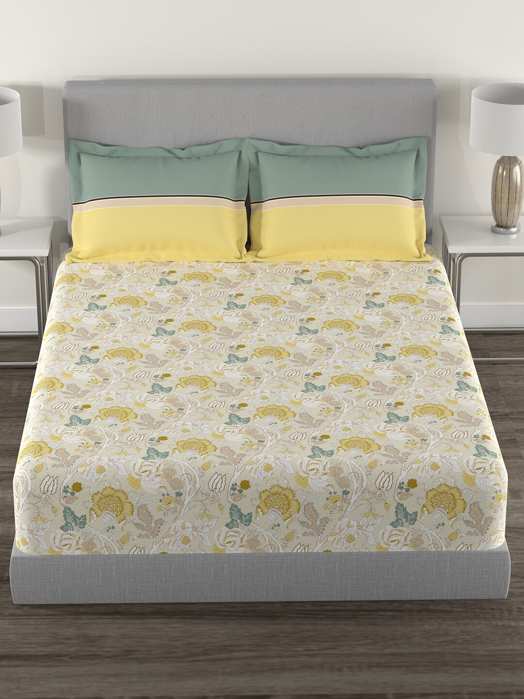MYTRIDENT Yellow White Floral Cotton 144 TC Queen Bedsheet With 2 Pillow Covers | Grocsy