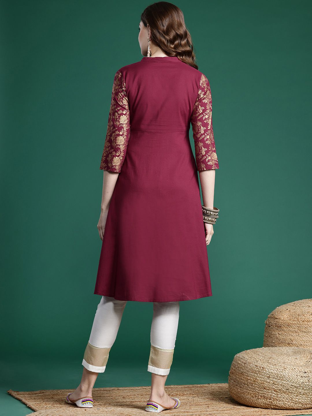 Sangria Printed Sleeves A-Line Pure Cotton Kurta | Grocsy