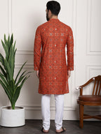 Sojanya Men Orange Printed Cotton Linen Kurta with Churidar | Grocsy