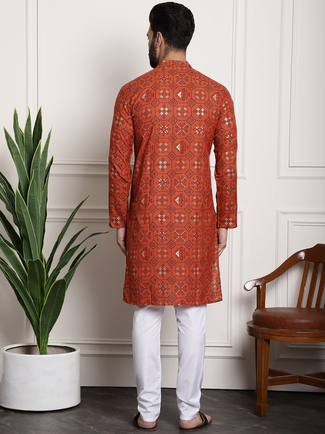 Sojanya Men Orange Printed Cotton Linen Kurta with Churidar | Grocsy