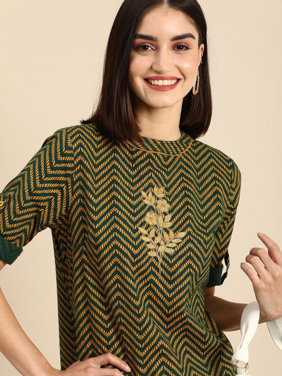 All About You Women Green & Yellow Floral Embroidered Thread Work Pure Cotton Kurta | Grocsy