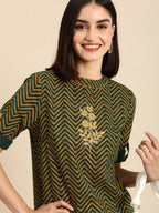 All About You Women Green & Yellow Floral Embroidered Thread Work Pure Cotton Kurta | Grocsy