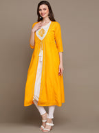 HERE&NOW Round Neck Embroidered Yoke Design Gotta Patti Layered Pure Cotton A-Line Kurta | Grocsy