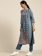 Sangria Women Teal Blue & White Ethnic Printed Straight Kurta with Trousers | Grocsy