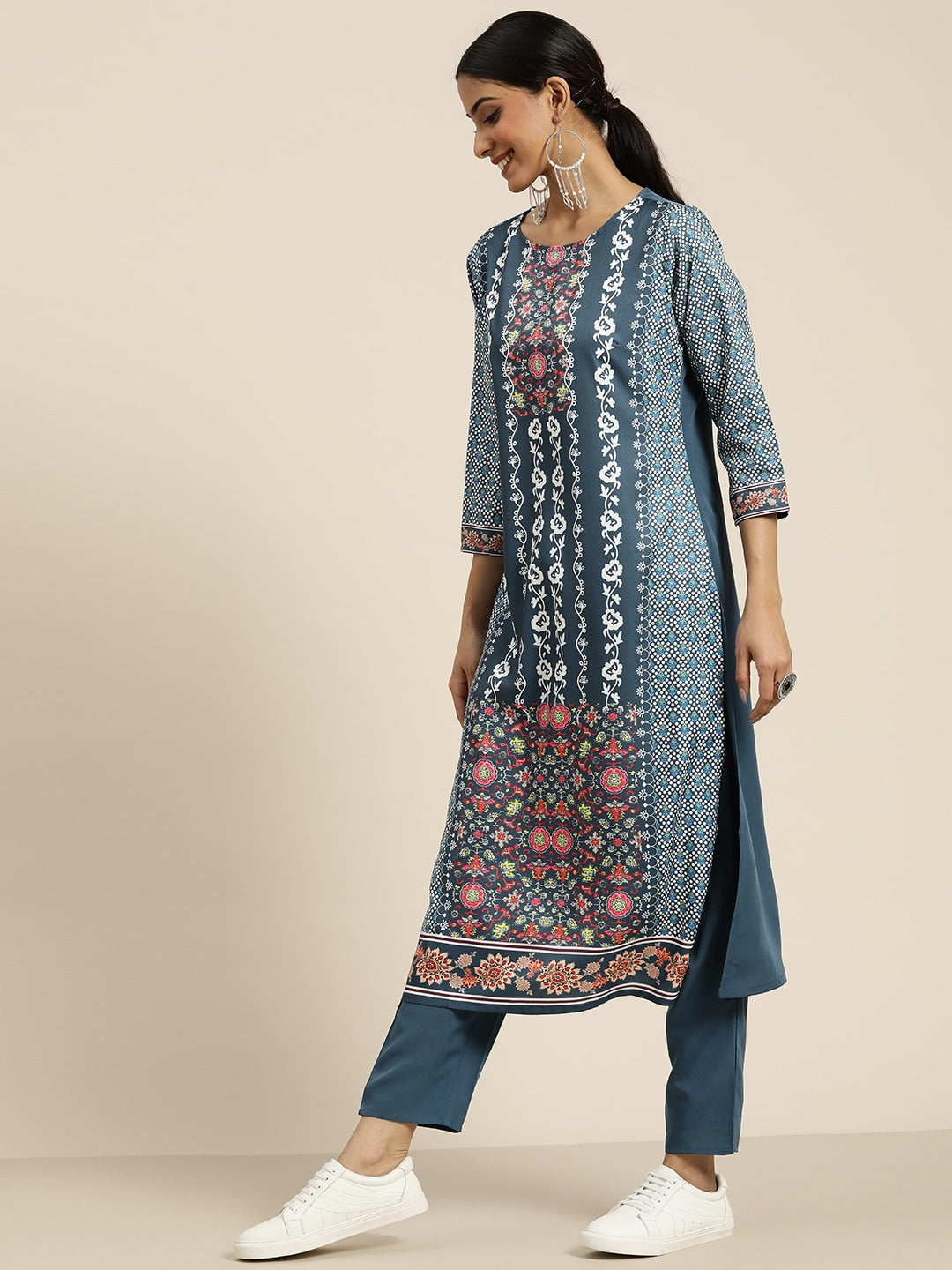 Sangria Women Teal Blue & White Ethnic Printed Straight Kurta with Trousers | Grocsy