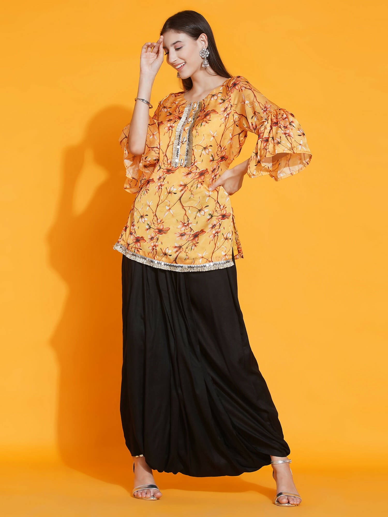 Women Republic Yellow Printed Satin Georgette Shirt With Bell Sleeves And Dhoti | Grocsy