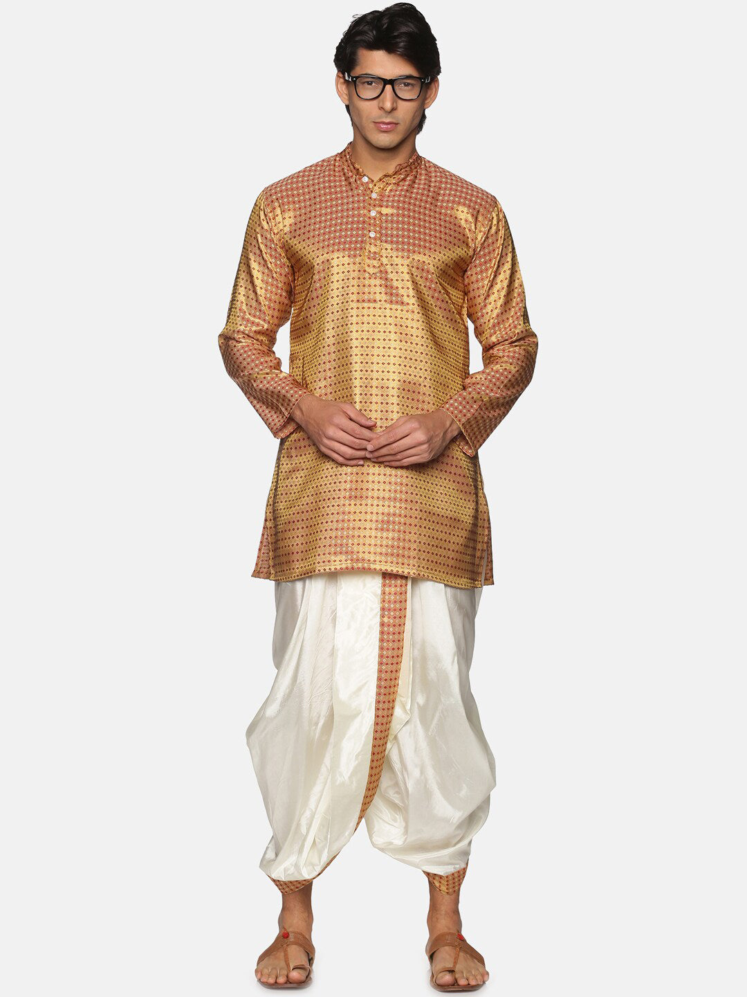 Sethukrishna Men Gold-Toned Striped Kurta with Dhoti Pants | Grocsy