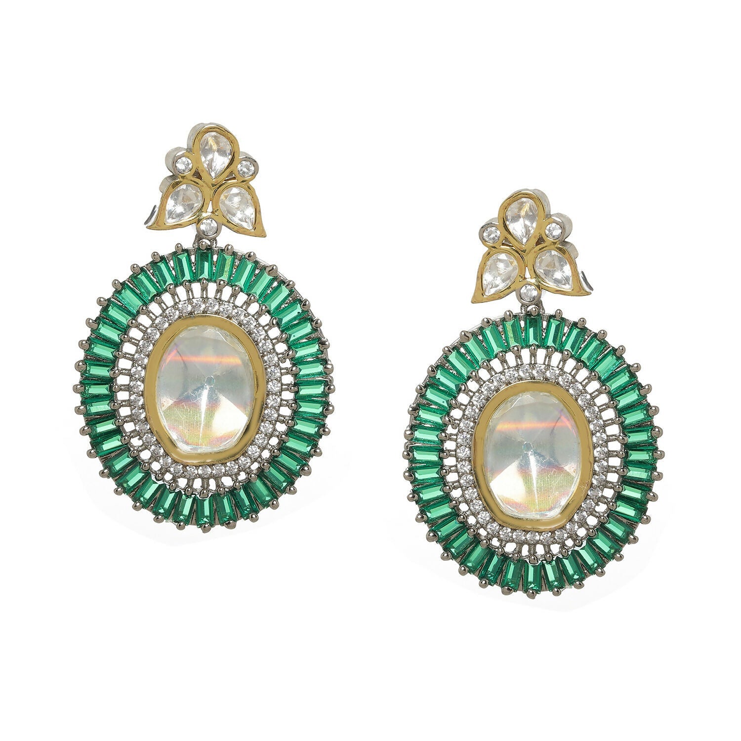 Kundan and Diamond with Green Stones Dangler Earrings (Green) - Ruby Raang | Grocsy